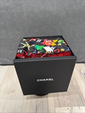 CHANEL Black Floral Logo Silk Scarf with Red Fringe